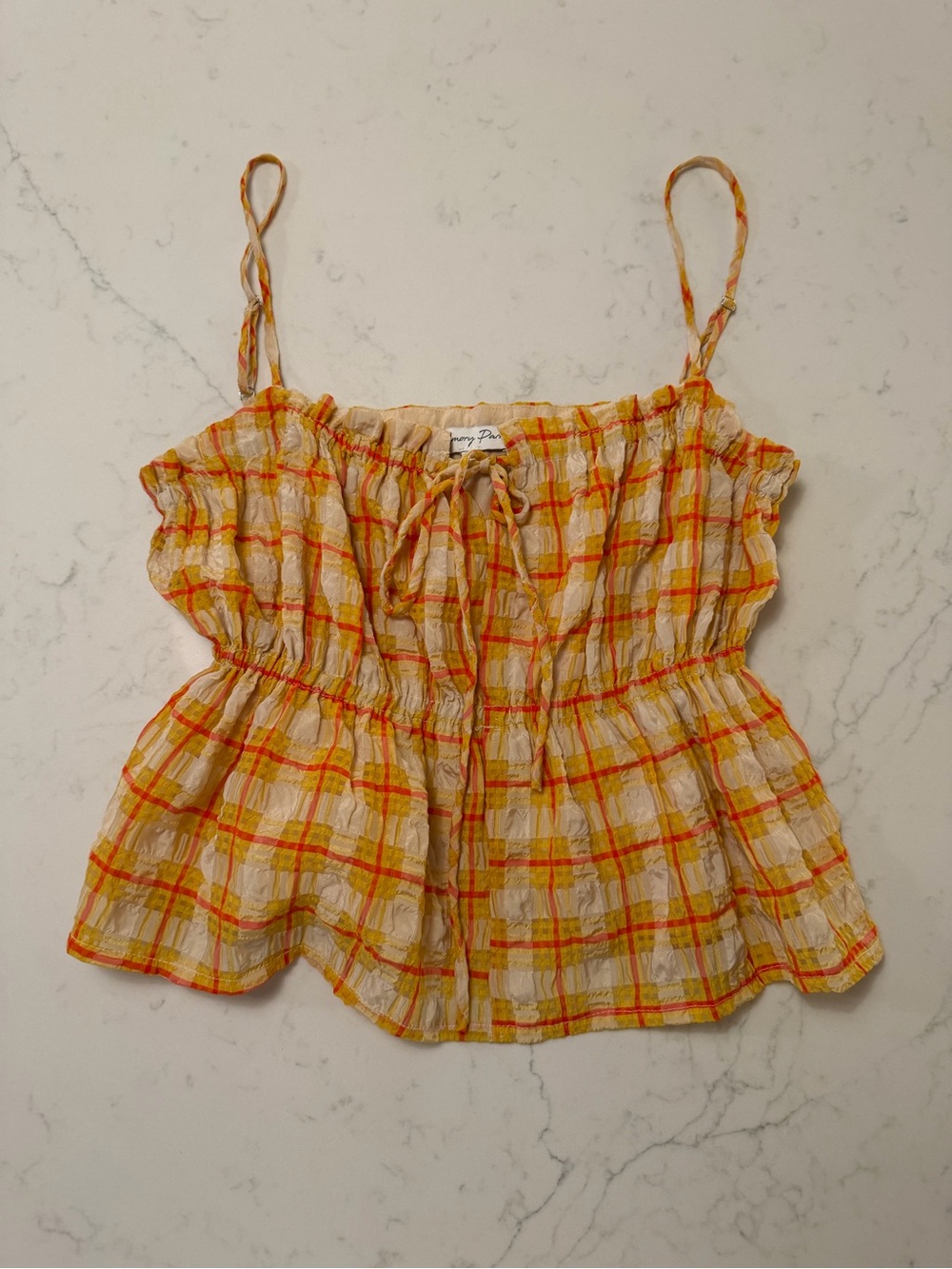 emory park Yellow Plaid Smocked Tie-Front Cami